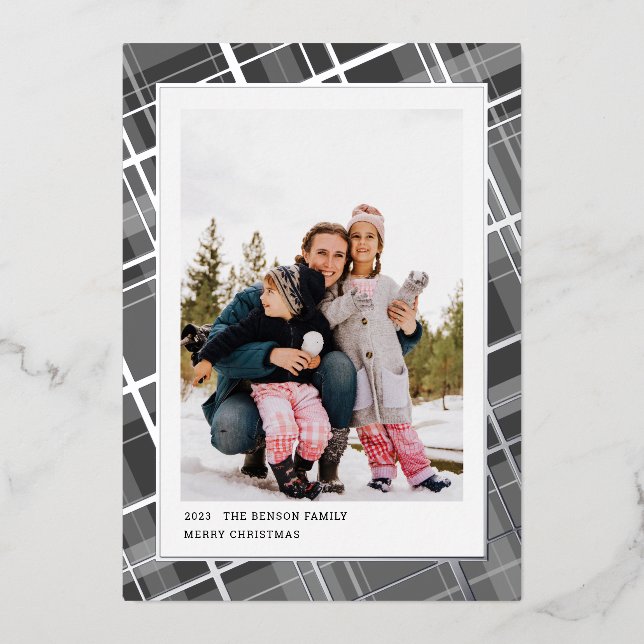 Minimal Plaid One Photo Grey Vertical Real Foil Holiday Card (Front)