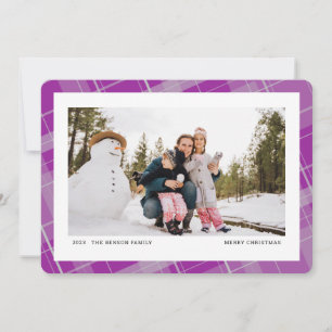 Minimal Plaid One Photo Purple Horizontal Holiday Card