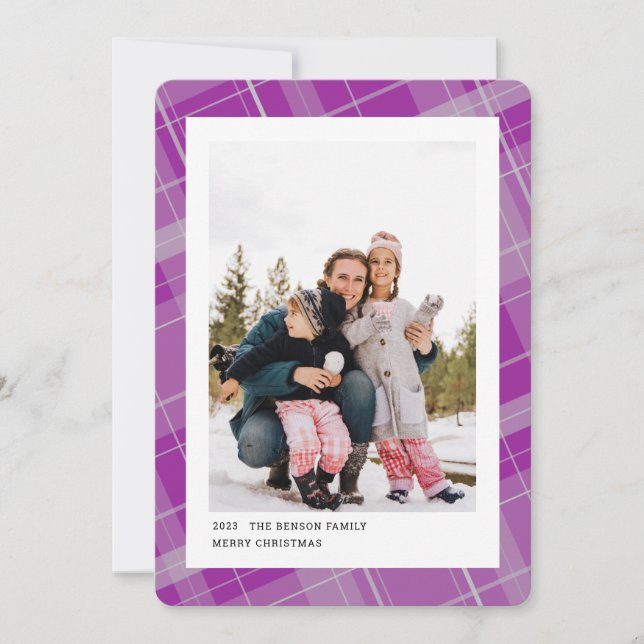 Minimal Plaid One Photo Purple Vertical Holiday Card (Front)