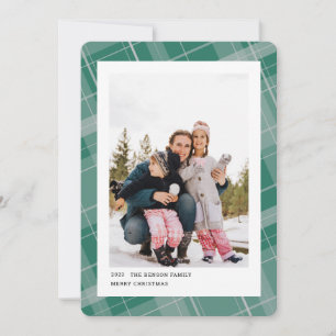 Minimal Plaid One Photo Turquoise Vertical Holiday Card