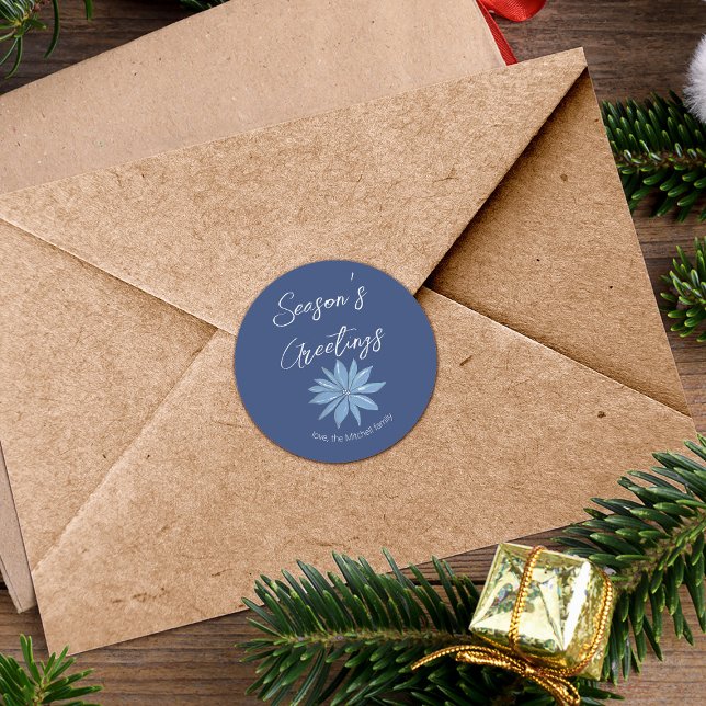 Minimal Poinsettia Blue Merry Christmas Envelope Classic Round Sticker (Creator Uploaded)