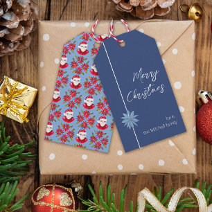 Minimal Poinsettia Blue Santa Merry Christmas Gift Tags