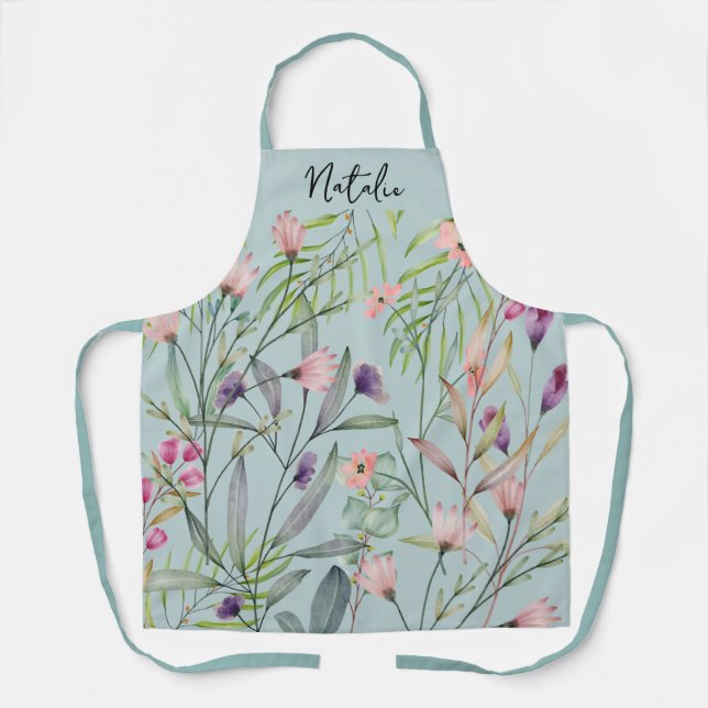 Minimal pretty foliage script name blue pattern apron (Front)