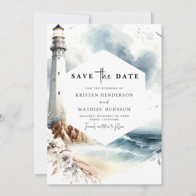 Minimal Printable Whimsy Lighthouse Wedding Save The Date (Front)