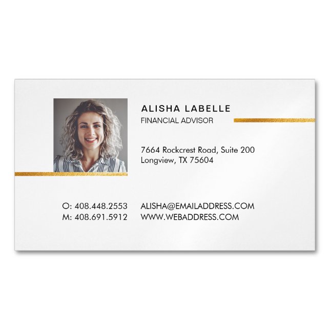 Minimal Professional Black & Gold Photo Layout Magnetic Business Card (Front)