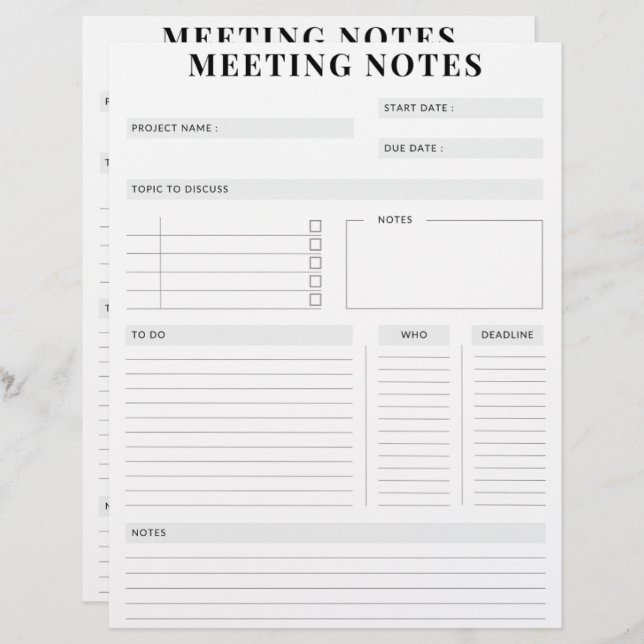 Minimal Professional Meeting Notes Planner Custom Letterhead (Front/Back)
