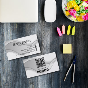 Minimal Professional QR Code White Silver Business Card