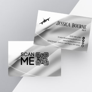 Minimal Professional QR Code White Silver Pilot Business Card