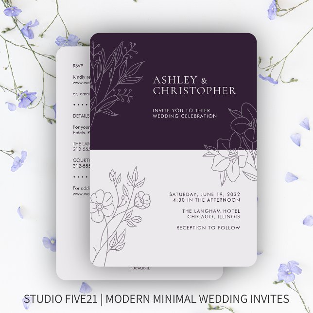 Minimal Purple Foliage Outline All-in-One Wedding Invitation (Creator Uploaded)