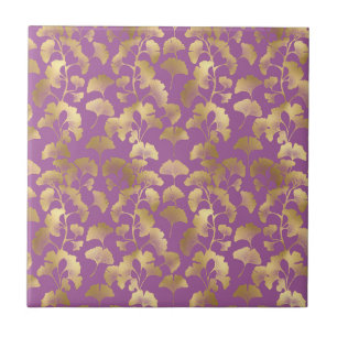Minimal Purple Gold Ginkgo Leaf Pattern Ceramic Tile