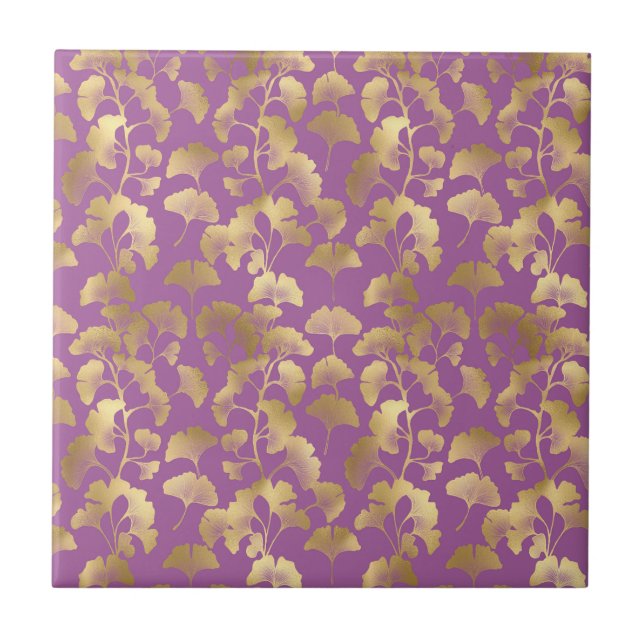 Minimal Purple Gold Ginkgo Leaf Pattern Ceramic Tile (Front)