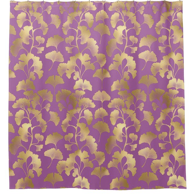 Minimal Purple Gold Ginkgo Leaf Pattern Shower Curtain (Front)