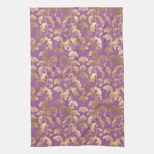 Minimal Purple Gold Ginkgo Leaf Pattern Tea Towel (Vertical)