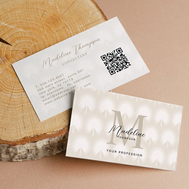 Minimal QR Code Beige Anahaw Leaf Script Monogram Business Card (Creator Uploaded)