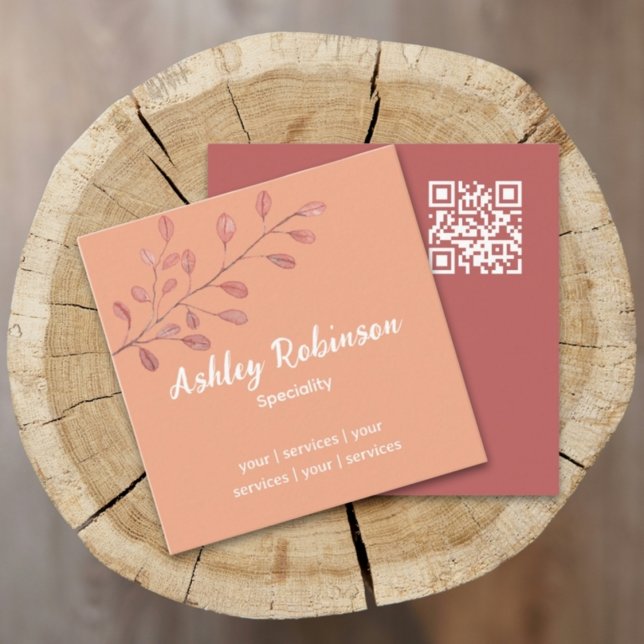 Minimal QR code rose terracotta leaf  Square Business Card (Minimal QR code rose business card - terracotta leaf natural design)