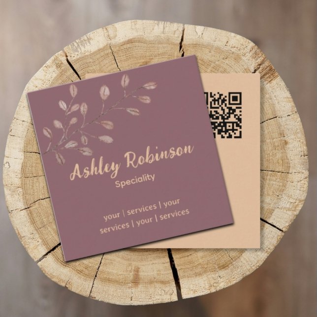 Minimal QR code terracotta pink leaf  Square Business Card (Creator Uploaded)