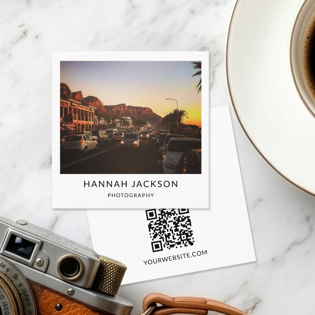 Minimal QR Code Vintage Photographer Square Business Card (Creator Uploaded)