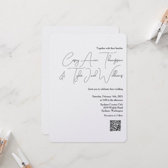 Minimal QR code Wedding Invitation Pearl Shimmer (Front/Back In Situ)