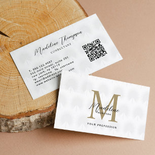 Minimal QR Code White Anahaw Leaf Script Monogram Business Card