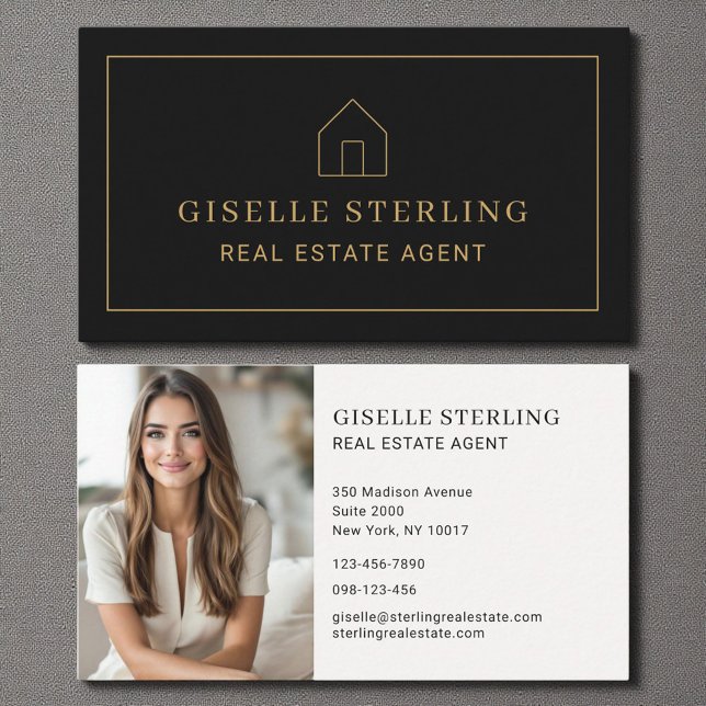 Minimal Real Estate Agent Black Gold House Photo Business Card (Creator Uploaded)