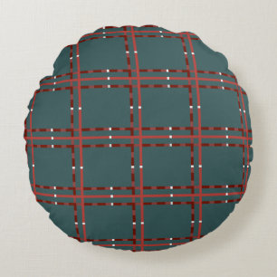 Minimal Red And White Plaid On Dark Green Round Cushion