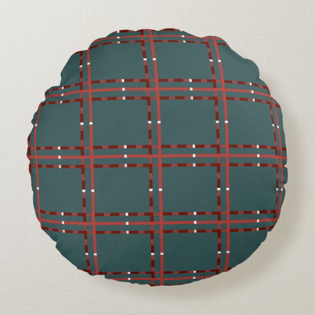 Minimal Red And White Plaid On Dark Green Round Cushion (Front)