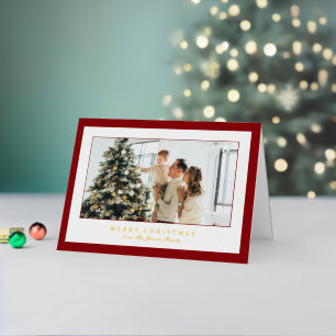 Minimal Red Border Photo Elegant Christmas Foil Holiday Card