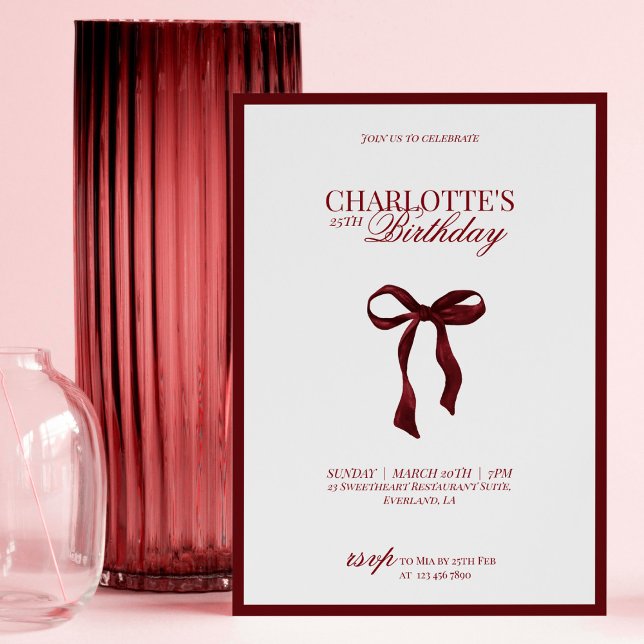 Minimal Red & Burgundy Bow Birthday Invitation (Creator Uploaded)