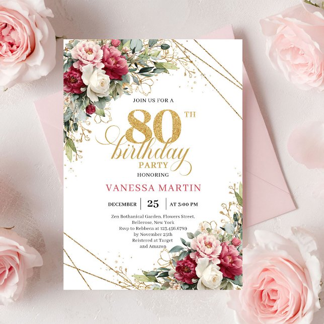 Minimal Red Burgundy Floral 80th Birthday Invite (Minimal Red Burgundy Floral 80th Birthday Invite)