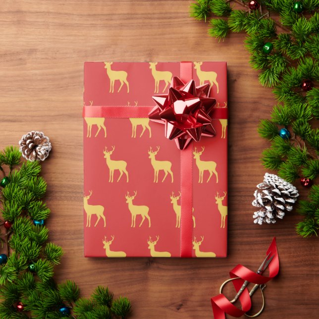 Minimal red Christmas xmas gold moose pattern Wrapping Paper (Holiday Gift)