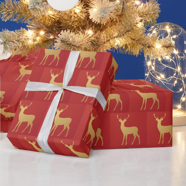 Minimal red Christmas xmas gold moose pattern Wrapping Paper (Holidays)