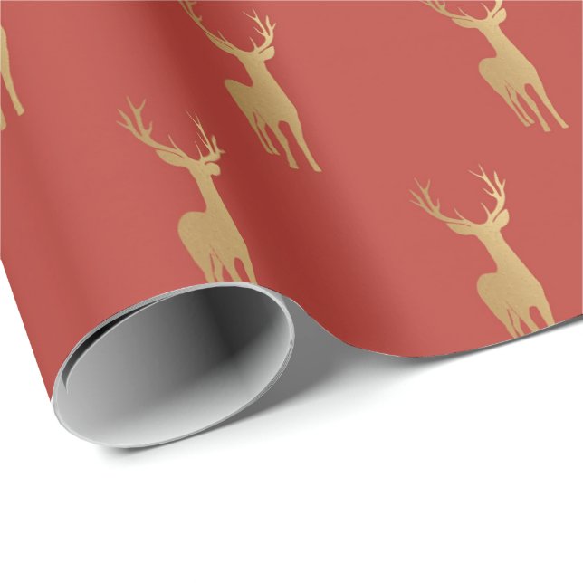 Minimal red Christmas xmas gold moose pattern Wrapping Paper (Roll Corner)