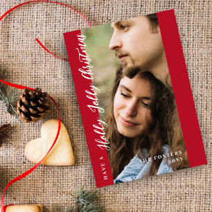 Minimal Red Holly Jolly Christmas Photo  Holiday Card