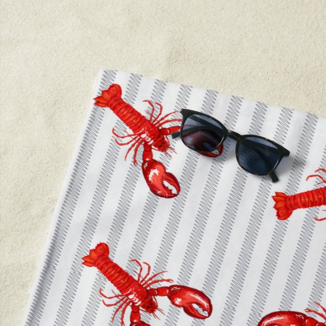 Minimal Red Lobster Abstract Stripes Personalised Beach Towel (In Situ)
