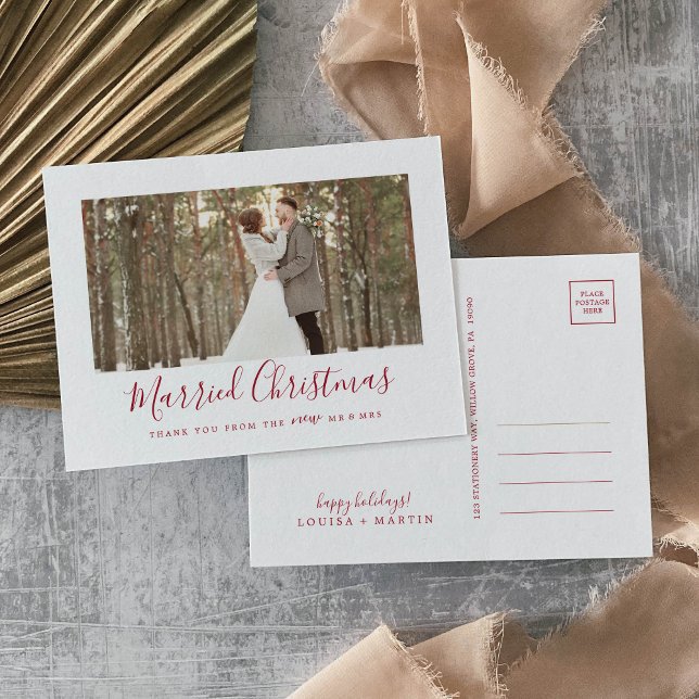 Minimal Red Married Christmas Newlywed Thank You Holiday Postcard (Creator Uploaded)