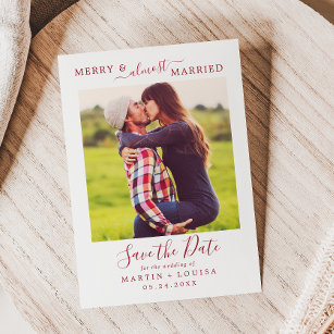 Minimal Red Merry & Almost Married Save the Date Holiday Card