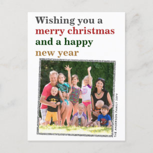 Minimal Red Merry Christmas Gold New Year Photo Holiday Postcard