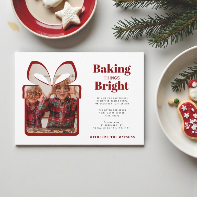 minimal red photo christmas baking party invitation (Creator Uploaded)