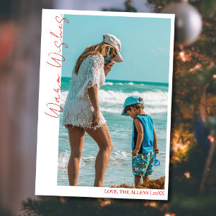 Minimal Red Warm Wishes Two Beach Family Photo  Holiday Card