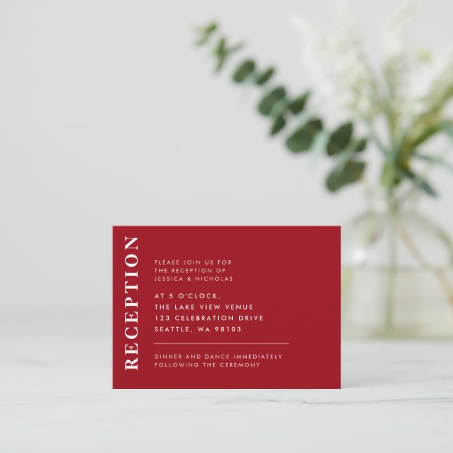 Minimal Red & White Modern Wedding Reception Enclosure Card (Standing Front)
