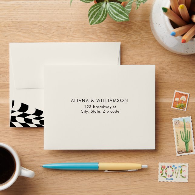 Minimal Retro chequered pattern Wedding RSVP Envelope (Desk)