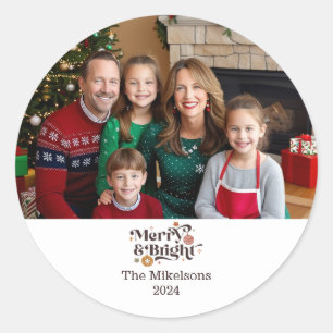 Minimal Retro Christmas Family Portrait Classic Round Sticker