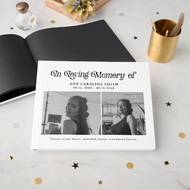 Minimal Retro Funeral Photo In Loving Memory Guest Book (Front Open)