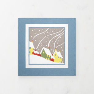 Minimal Retro Homes in Winter Snow Tri-Fold Holiday Card