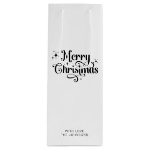 Minimal Retro Script Black & White Merry Christmas Wine Gift Bag