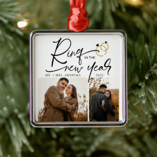 Minimal Ring in the New Year Engagement Christmas Metal Ornament