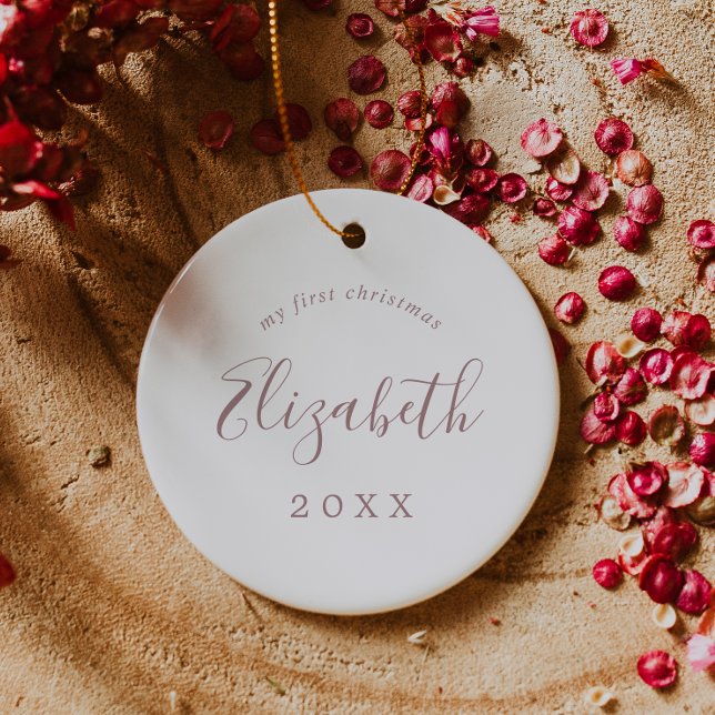 Minimal Rose Baby's 1st Christmas Newborn Photo Ceramic Ornament (Creator Uploaded)