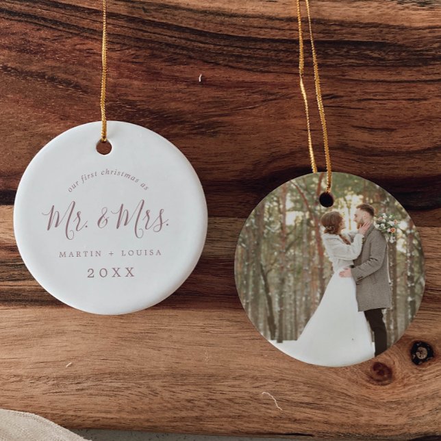 Minimal Rose Gold 1st Christmas Wedding Photo Ceramic Ornament (Creator Uploaded)