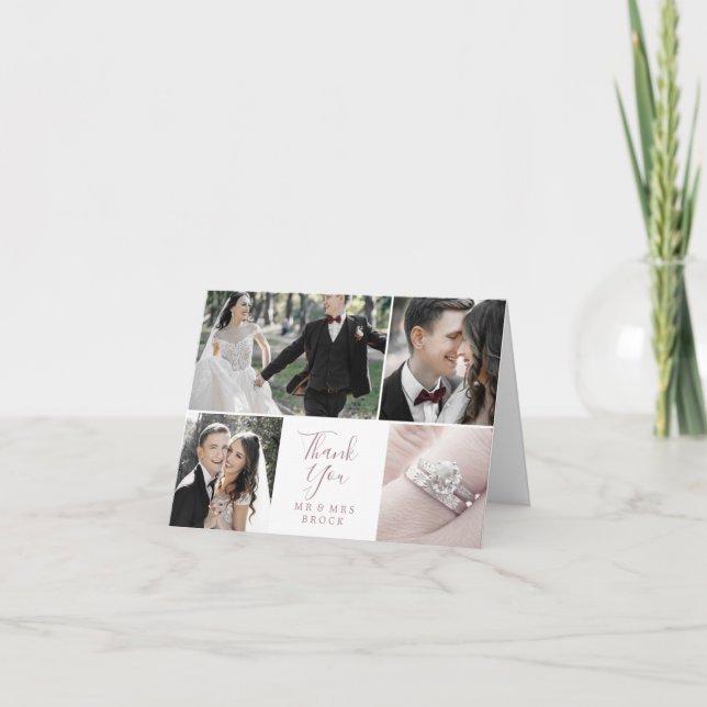 Minimal Rose Gold 4 Photo Template Thank You Card (Front)