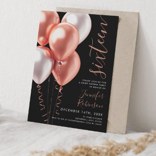Minimal Rose Gold Balloons Sweet 16 Birthday Black Invitation
